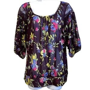 EXPRESS‎ Dark Purple Floral Semi Sheer Lace Trim Blouse NWOT Size M